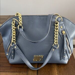 Juicy Couture Slate Blue Leather Satchel with Gold Chain Accents